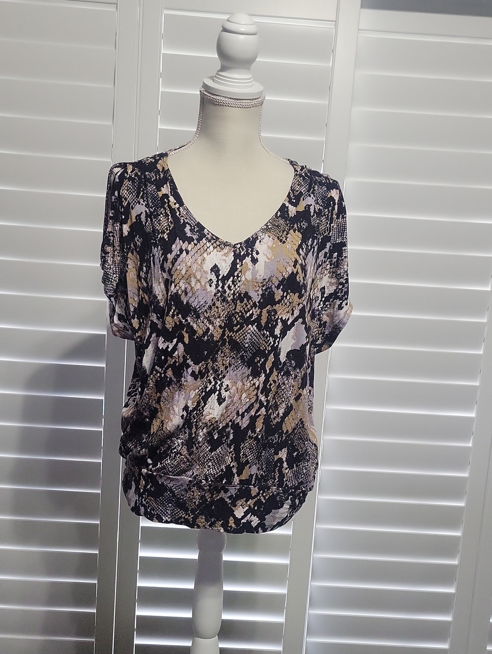 Jennifer Lopez Snake-Print V-Neck Blouse in Black and Beige